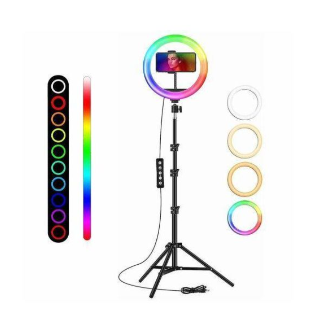 MJ26CM 10 inch RGB LED Ring Light with Tripod Stand and Phone Holder-Black