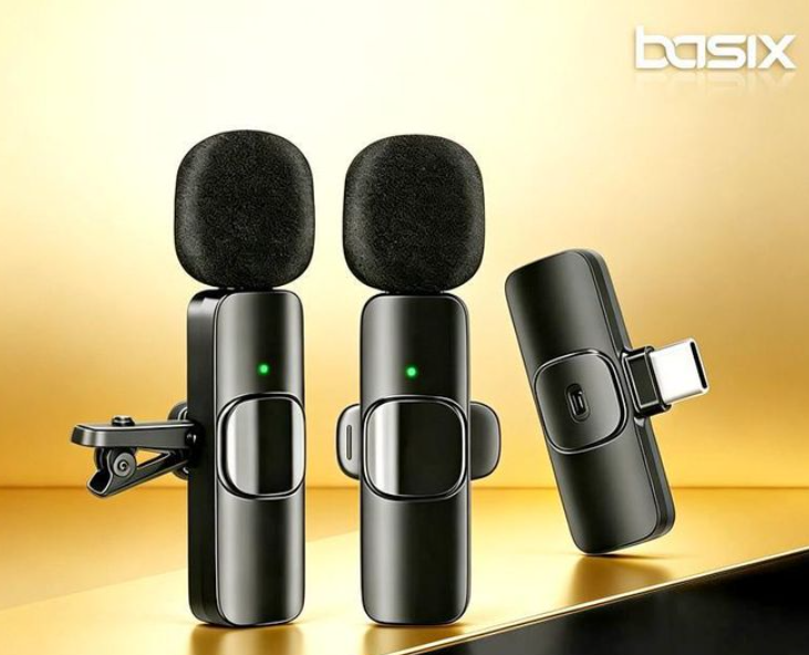 Basix Wireless Lavalier Microphone for iPhone Android USB-C Microphone with Noise Reduction for Live Streaming Interviews mini mic